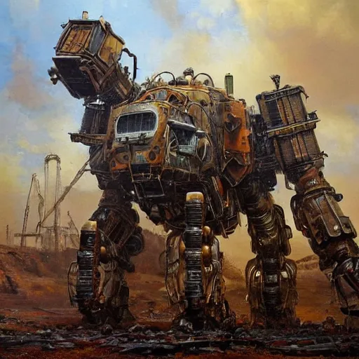 Image similar to oil painting of a huge rusting mech, that resembles a mechanical gorilla, highly detailed, complex, intricate by james gurney