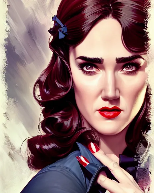 Image similar to a pin up and beautiful fashion charming dreamlke jennifer connelly, symmetrical face symmetrical eyes, character art, art by artgerm lau and wlop and and ilya kuvshinov and john singer sargent, rafael albuquerque comic art, hyperdetailed, 8 k realistic, symmetrical, frostbite 3 engine, cryengine, digital art