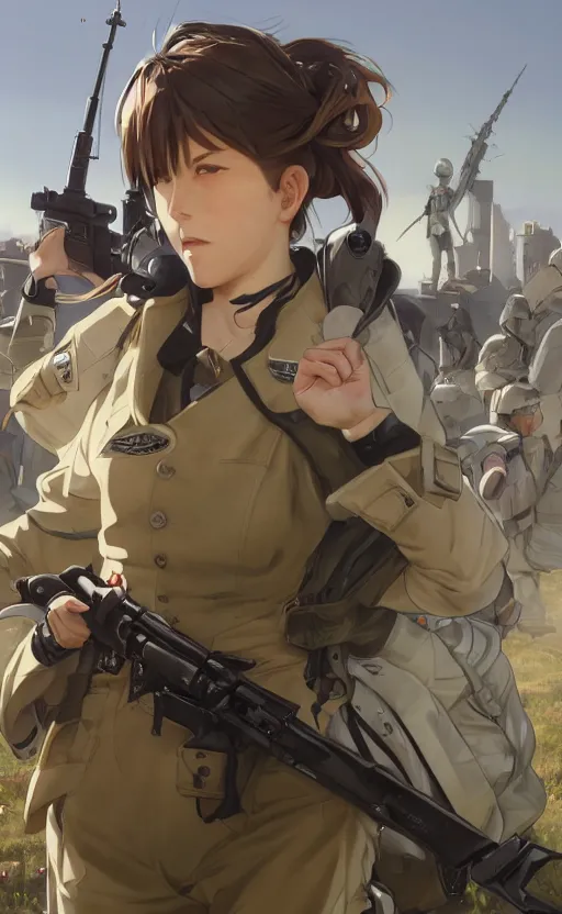 Prompt: panoramic view, a pilot girl, soldier clothing, battlefield in background, anime style, hair down, symmetrical facial features, realistic hands, from arknights, hyper realistic, 4 k, extreme detail, d & d, trending artstation, safebooru, realistic lighting, by alphonse mucha, greg rutkowski, sharp focus