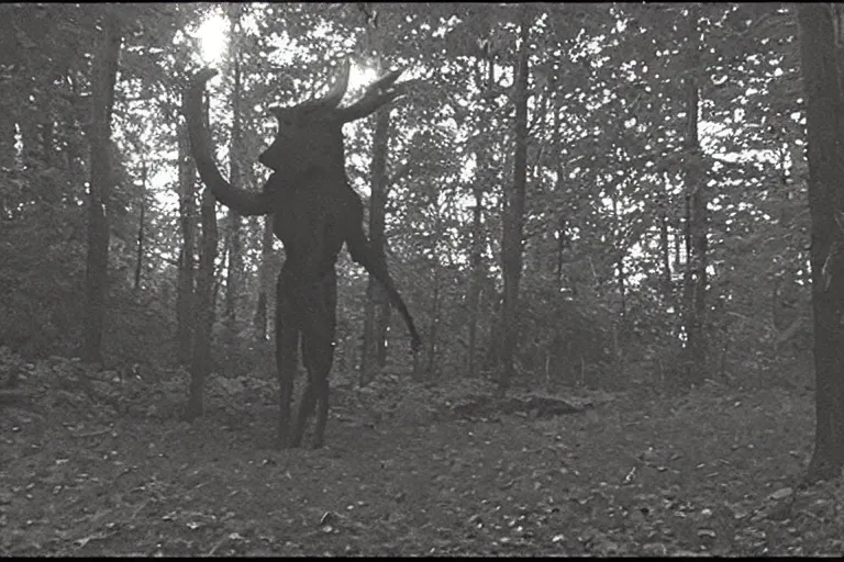 Image similar to low quality trailcam footage of a wendigo in a backyard, at night