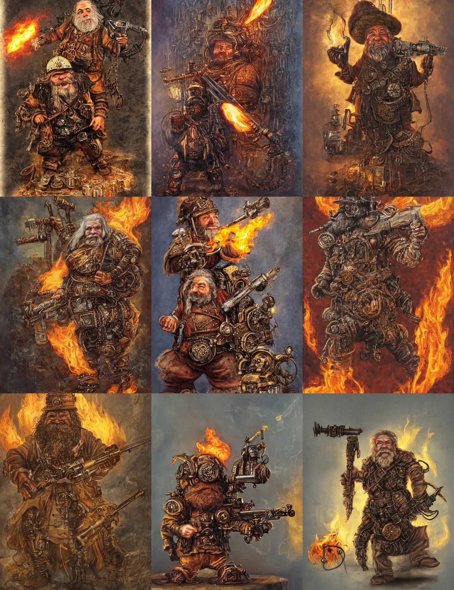 Prompt: old dwarf with shotgun on mechanical arachnid in flame mountains, steampunk, oil portrait,