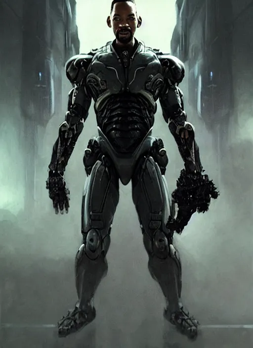 Image similar to will smith as victor stone, full body concept, cyborg, borg, strogg, face of a man, terminator, flesh, quake strogg, doom demon, wolfenstein, monstrous, powerful, symmetry, symmetrical, concept art by ruan jia and greg rutkowski