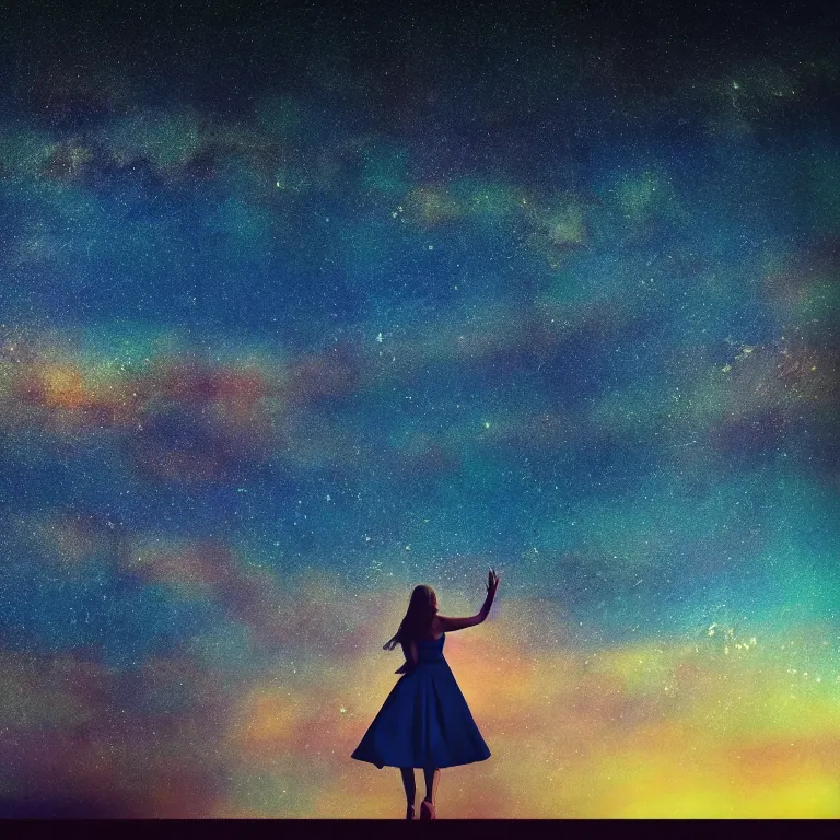 Image similar to a beautiful landscape of a starry sky with an beautiful woman waving to the horizon, cinematic, dramatic, color grading, photojournalism, colorful, highly detailed, album cover with text vystava