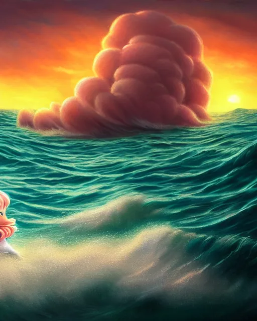 Image similar to highly open sea with big waves, sunset, hyper realistic, artstation, illustration, nicoletta ceccoli, mark ryden, lostfish, dan decarlo, bob clampett, max fleischer, digital paint, matte paint, vivid colors, detailed and intricate environment