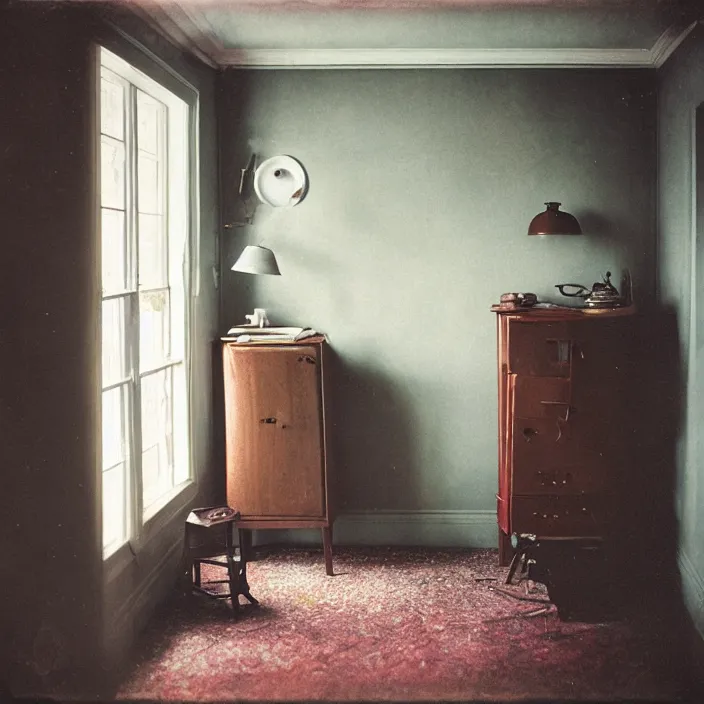 Image similar to kodak portra 4 0 0, wetplate, fisheye, award - winning portrait by britt marling, 1 9 2 0 s kitchen room, ghost, picture frames, shining lamps, dust, smoke, 1 9 2 0 s furniture, wallpaper, carpet, books, muted colours, wood, fog,