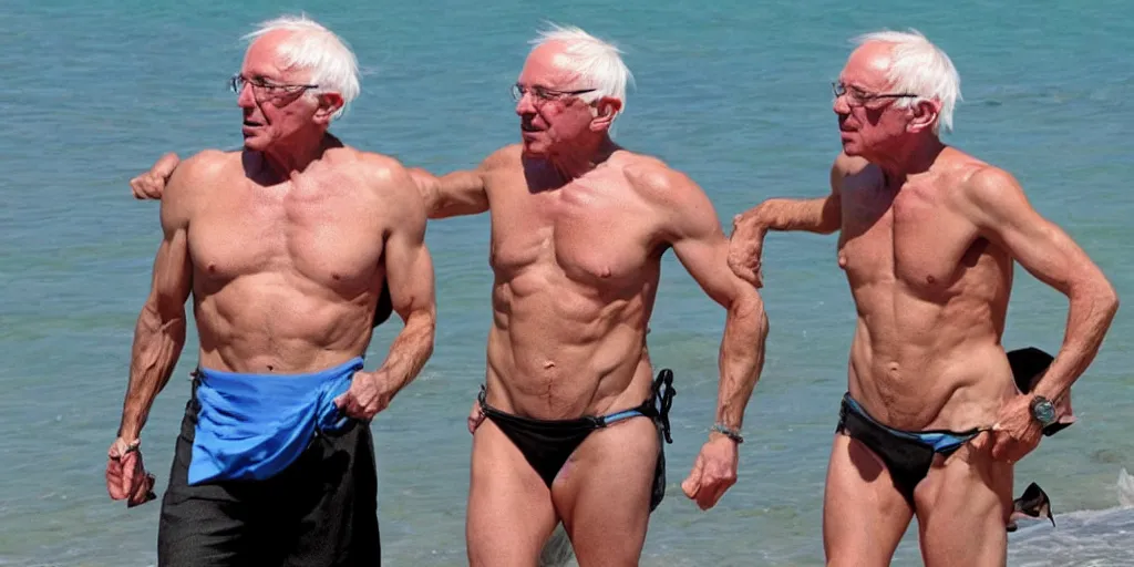 Image similar to muscular, bernie sanders, bikini