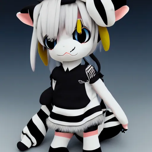 Prompt: cute fumo plush of a goatgirl in a zebra uniform, monster girl, anime, stylized pbr, vray