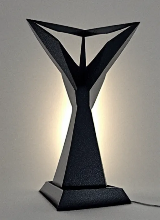 Image similar to ultra realistic, tall, reflective, very symmetrical, polyhedral, 3 d printed steel engineering trophy, 4 k, ultra realistic, highly detailed, epic lighting