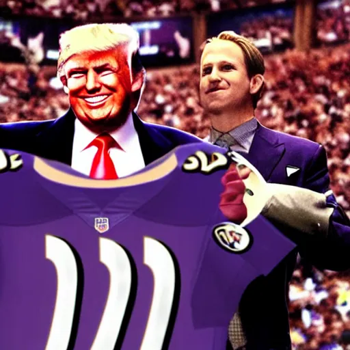 Image similar to “Donald Trump wearing a Baltimore Ravens jersey, ultra realistic, 8k”