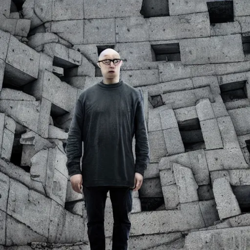 Image similar to beautiful portrait of anthony fantano, theneedledrop, standing in brutalist ruins, painted by zdzislaw beksinski