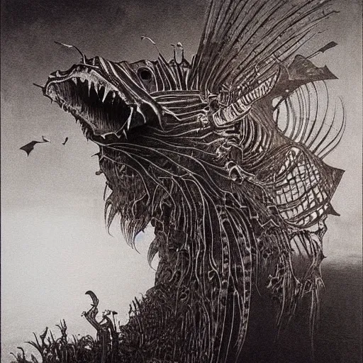 Image similar to lionfish beksinski, pov, scary nightmare, dream - like heavy atmosphere