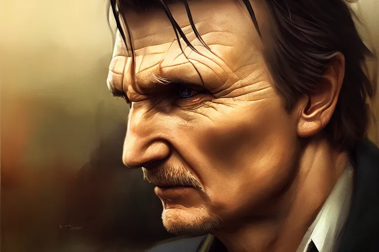 Image similar to portrait of an angry liam neeson, upset at a mcdonalds drive thru, charlie bowater, artgerm, ilya kuvshinov, krenz cushart, ruan jia, realism, ultra detailed, 8 k resolution