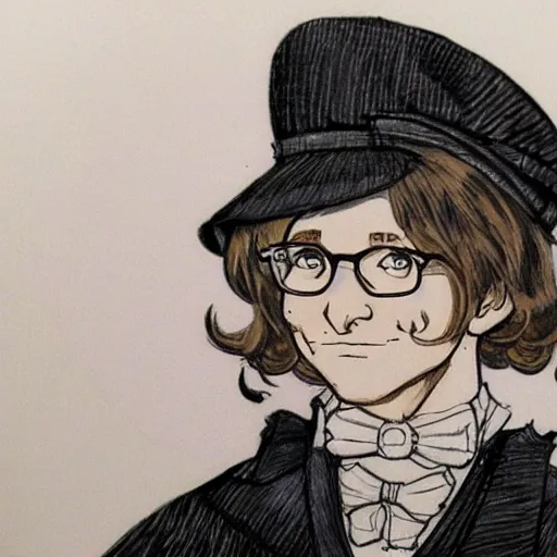 Image similar to Bill gates crossdressing in victorian gown, drawn in the style of yoji shinkawa, extremely detailed, detailed and realistic face