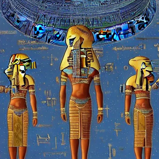 Image similar to the annunaki have returned to egypt wearing space suits that look like egyptian pharoah head - dresses and breathing hoses that look like elephant trunks - alien - looking, futuristic, detailed, photo - realism