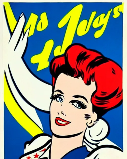 Prompt: a 1950's propaganda poster of a beautiful woman in a flight suit by Roy Lichtenstein