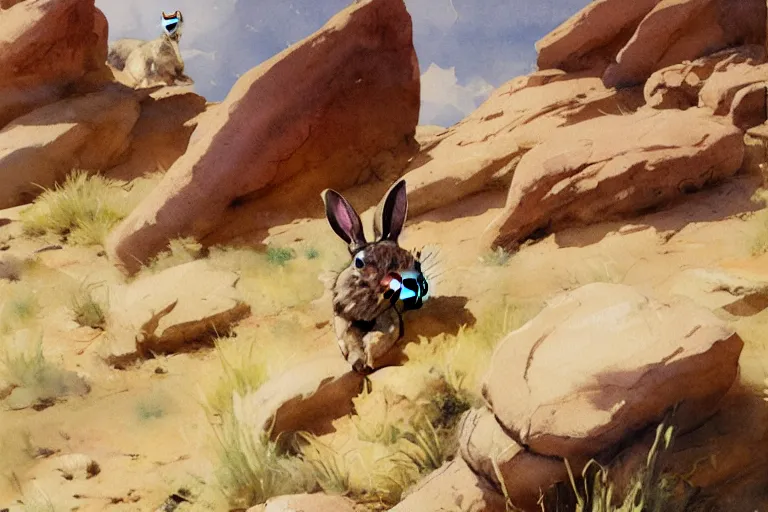 Prompt: watercolor painting of rabbit in rocky desert landscape closeup, ambient lighting, art by hans gude, art by hans dahl, by jesper ejsing, art by anders zorn, wonderful masterpiece by greg rutkowski, cinematic light, american romanticism by greg manchess, creation by tyler edlin