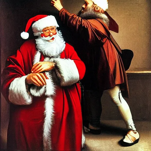 Image similar to Father Christmas taking a photograph with a Nikon camera Painted by Caravaggio