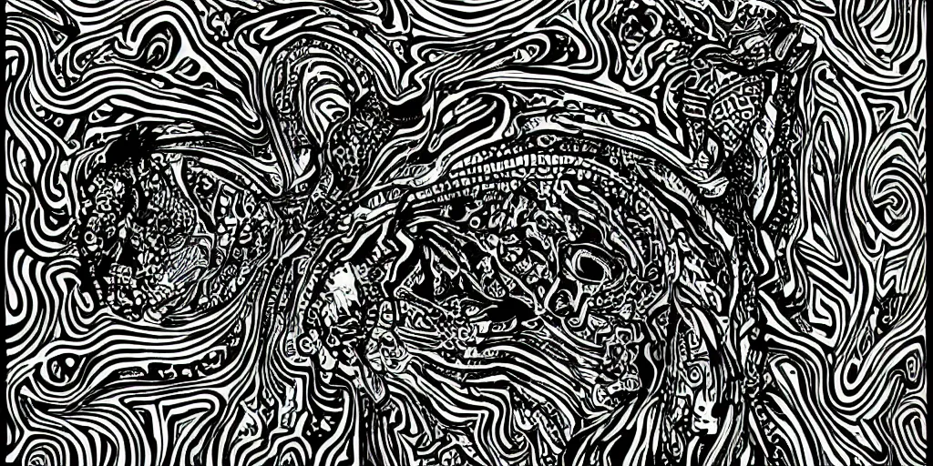 Image similar to bold black and white illustrated artwork thick lines psychedelic shaman