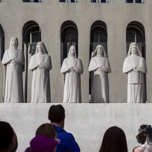 Prompt: religious debate between people in front of concrete statue of Christ
