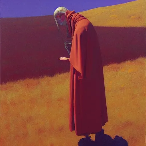 Image similar to sienna portrait of the redwinged angel of death wearing a crimson and sienna robe descending on the spirits in their graves jamie wyeth james gilleard edward hopper oil painting