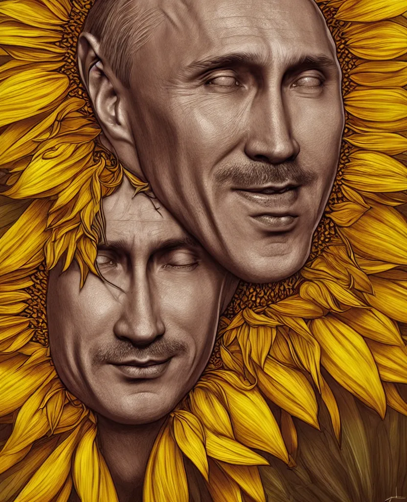 Image similar to digital art, centered full body of Putin smiling king, Sunflower crown, ,intricate, veins, by James Jean and by artgerm , by ross tran ultradetailed, charachter design, concept art, trending on artstation,