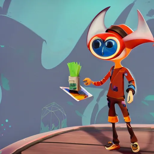 Image similar to a manta ray character who sells paints, designed by splatoon nintendo, inspired by tim shafer psychonauts 2 by double fine, cgi, professional design, gaming