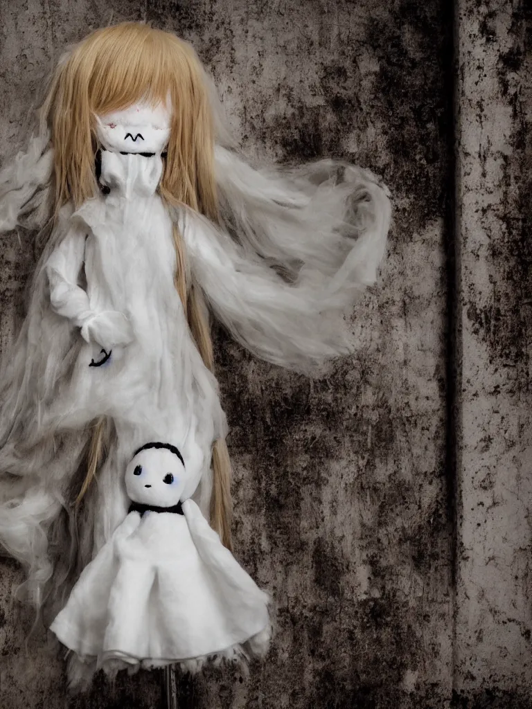 Image similar to cute drooping ectoplasmic fumo plush gothic maiden ghost apparition girl, in the lobby of a flooded abandoned hotel, tattered black and white dress, bokeh