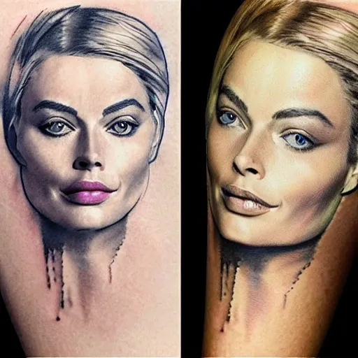 Image similar to face morph tattoo design sketch of margot robbie blended in beautiful mountain scenery, in the style of den yakovlev, amazing detail