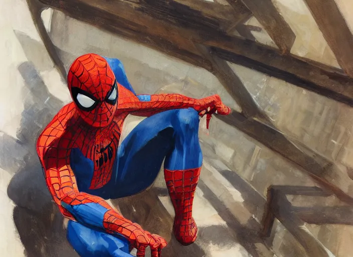 Prompt: a highly detailed beautiful portrait of spiderman, by gregory manchess, james gurney, james jean
