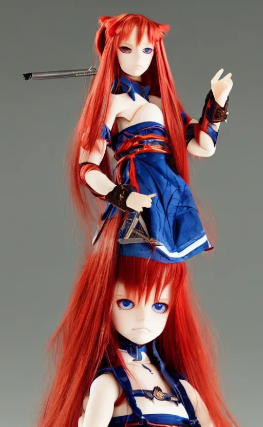 Image similar to dollfie in samurai suit, red hair, blue eyes,