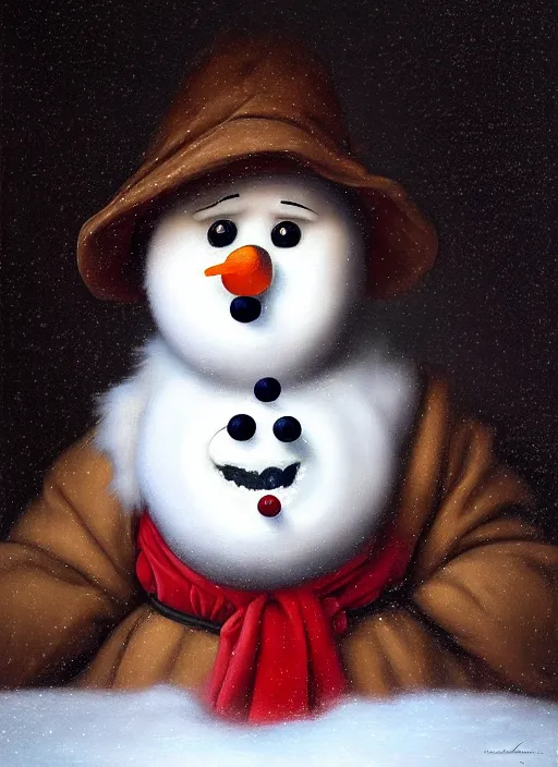 Prompt: a masterwork chiaroscuro oil painting portrait of adorable symmetric snowman olaf from disneys frozen in the style of a renaissance painting, insane detail, jan matejko, jan van eyck, trending on artstation, artgerm