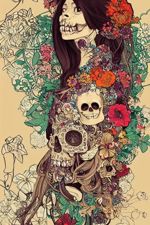 Image similar to beautiful skull cyborg portrait girl female illustration detailed patterns art of thai traditional dress, flowers pop art, floral splash painting, art by geof darrow, ashley wood, alphonse mucha, makoto shinkai