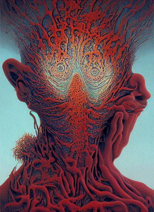 Prompt: dramatic portrait painting of woman with large crying eyes with black mandelbrot fractal instead of face, in style of zdzisław beksinski, horror, body horror,