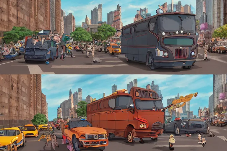 Image similar to catbus stuck in new york traffic jam. 4 k digital paint by studio ghibli hayao miyazaki. very sharp and detailed. trending on artstation and behance.