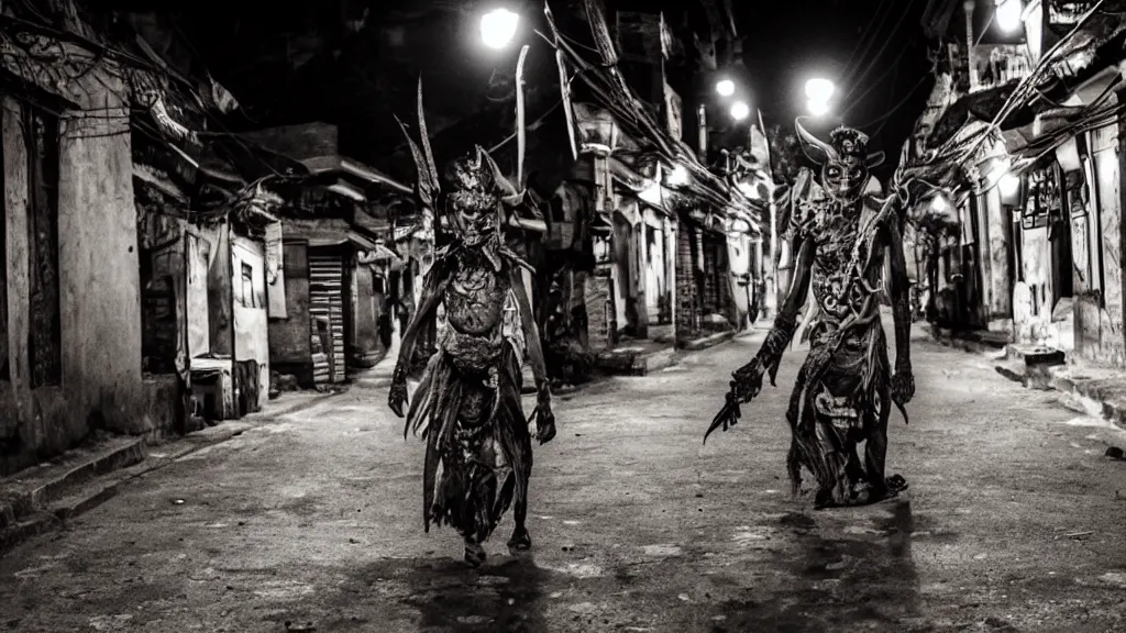 Prompt: khyah nepali demon roaming the streets of kathmandu at night, moonlight, scary looking