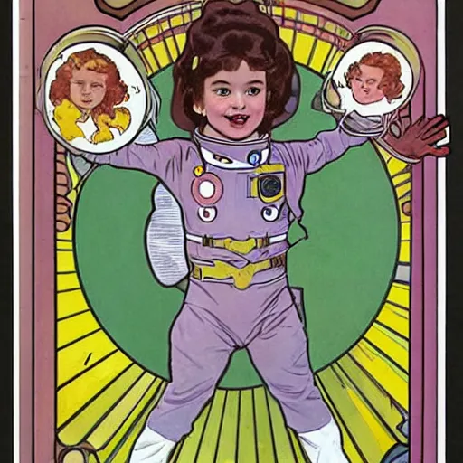 Image similar to a cute little girl with a mischievous face and short brown wavy curly hair. she is dressed as an astronaut. well composed, clean elegant painting, beautiful detailed face. comic book art by steve ditko and jack kirby and ( alphonse mucha )