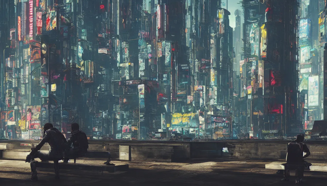 Image similar to Cyberpunk 2077 protagonist Johnny Silverhand sitting on a public bench with a sad face in new york city, 4k, concept art, by Lea Leonowicz