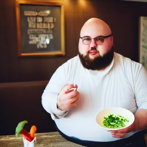 Image similar to “ 8 k photo of fat, bald man that really loves ranch dressing. office setting. ”