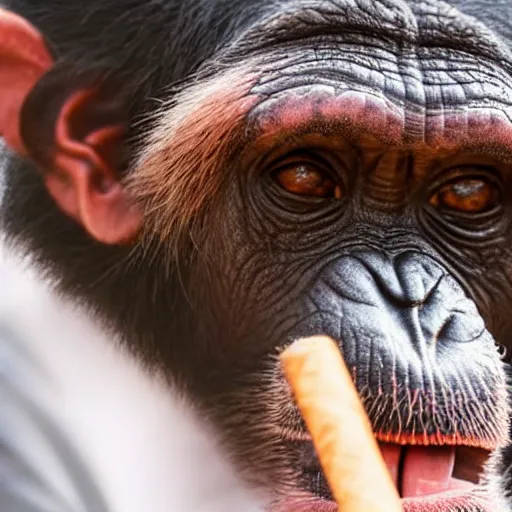 Image similar to a high detail closeup shot of a chimp wearing a suit and smoking a cigar