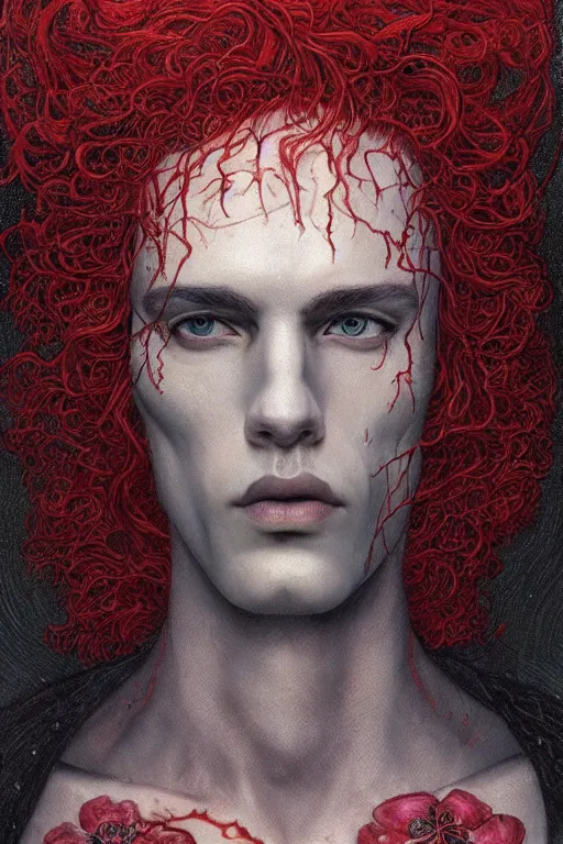 Image similar to portrait of beautiful gothic young man, thunderstorm, cyber armor, a lot of scars, more and more flowers, red head, the middle ages, highly detailed, artstation, illustration, art by jean delville, 8 k quality, art by greg gandy and dragan bibin