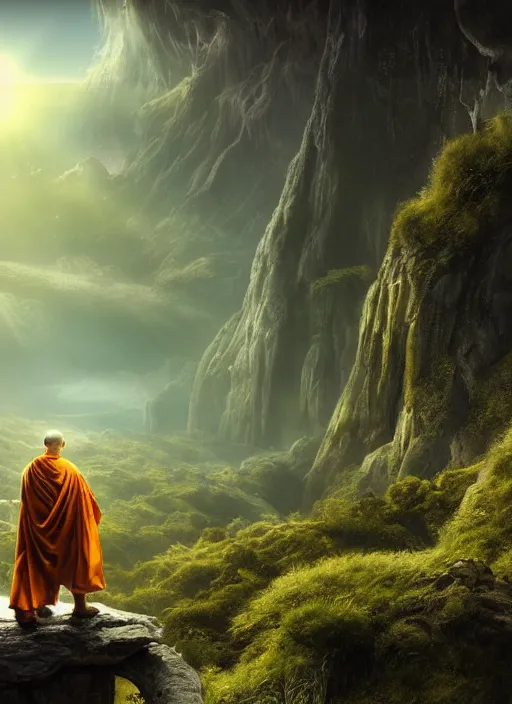 Image similar to a cosmic monk in lord of the rings scenery landscape, looking out at a lush valley, futuristic alien spacecraft in the sky, sunrise, god's rays, highly detailed, vivid color, cinematic lighting, perfect composition, 8 k, gustave dore, derek zabrocki, greg rutkowski, belsinski, octane render