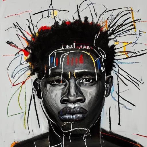 Image similar to A extremely highly detailed majestic hi-res beautiful immaculate head and shoulders painting of a strong black african man by Jean-Michel Basquiat, 8k, high textures, hyper sharp, insanely detailed and intricate, super detailed, 4k HDR high quality