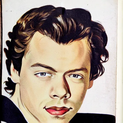 Image similar to “Harry Styles portrait, color vintage magazine illustration 1950”