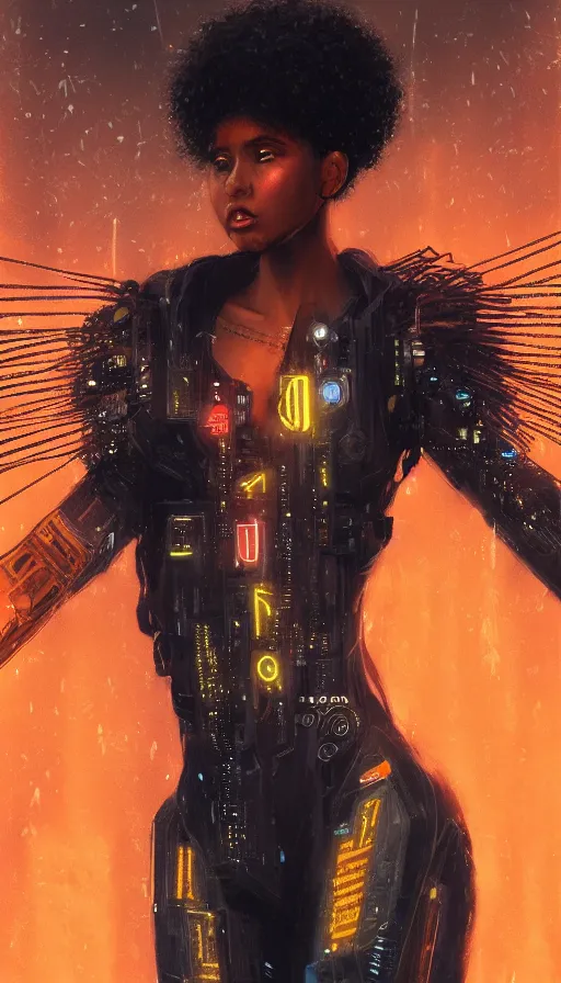 Image similar to a beautiful young Black woman, cyberpunk, Blade Runner city background, highly detailed, 8K, artstation, illustration, art by Gustav Klimt