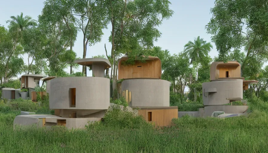 Prompt: An architectural rending of an eco-community neighborhood of innovative contemporary 3D printed sea ranch style cabins with rounded corners and angles, beveled edges, made of cement and concrete, organic architecture, in a lush green eco community with side walks, parks and public space , Designed by Gucci and Wes Anderson, golden hour