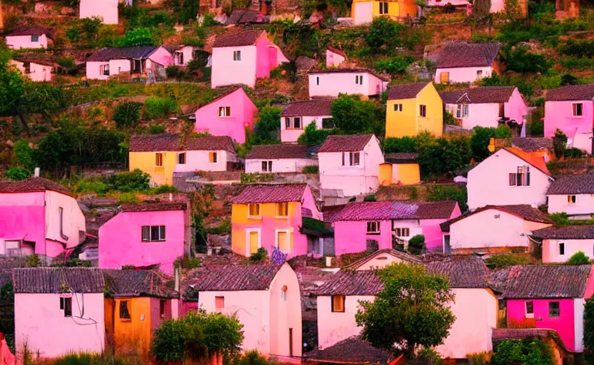 Prompt: village, houses with faces, sunset atmosphere, pink, low contrast, light, naive, detailed, cinematic