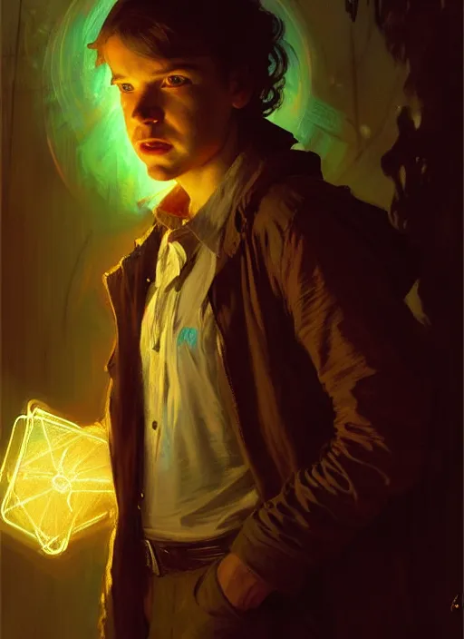 Image similar to illustration by gaston bussiere, gerome, craig mullins, greg rutkowski, john singer sargent. portrait of eddie munson joseph quinn, stranger things. 8 ß's neon retro. lights, glow, magical. dark background.