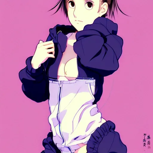 Image similar to a beautiful! boyish! natalie portman alluring gravure! model, wearing oversized mayan bomber jacket and leotard with overalls, bulky poofy bomber jacket with mayan patterns, gapmoe yandere grimdark, trending on pixiv fanbox, painted by greg rutkowski makoto shinkai takashi takeuchi studio ghibli, akihiko yoshida