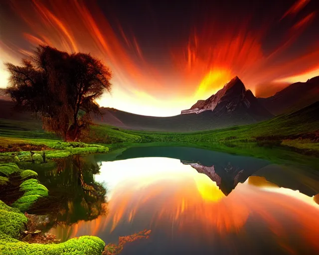 Prompt: a beautiful landscape photography of the garden of eden. lake reflections in the foreground, sunset, dramatic lighting by Marc Adamus