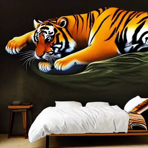 Prompt: Tiger pouncing on a woman lying on a bed of fish, surrealism, abstract, hyper realistic, intricate details, soft lighting